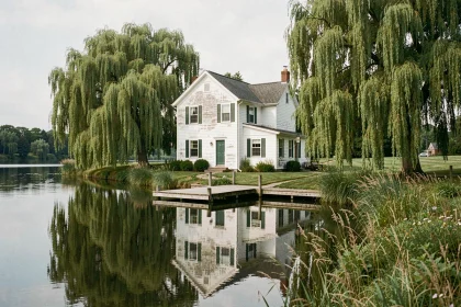 Maison au bord de l'eau à vendre pas cher avec ponton en bois et reflet dans la rivière calme