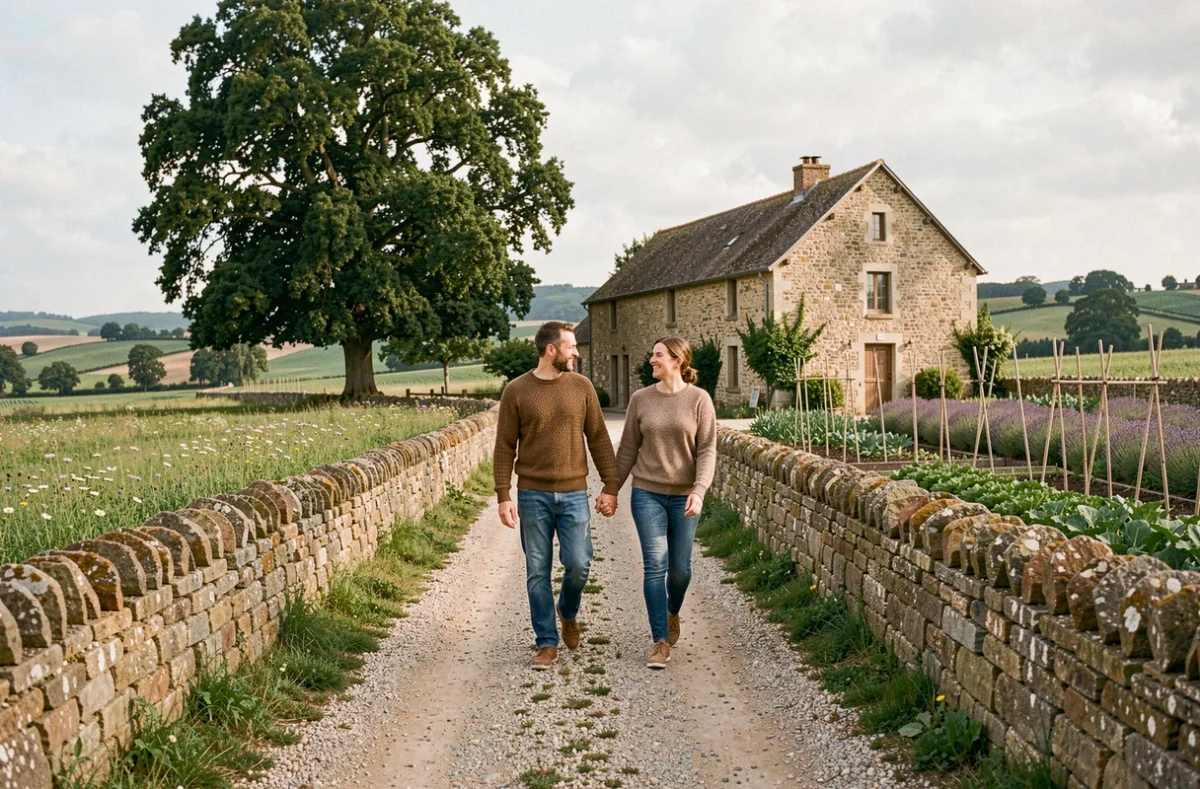Couple se promenant vers une maison en pierre traditionnelle à la campagne entourée de collines verdoyantes