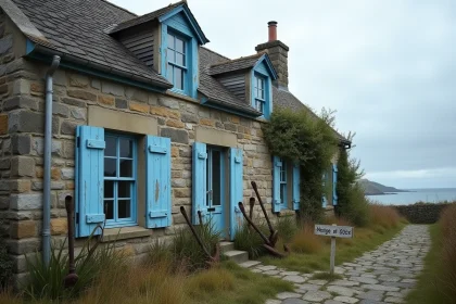 Maison de pêcheur en pierre à vendre en Bretagne avec volets bleus abîmés et panneau de vente dans le jardin envahi par la végétation côtière