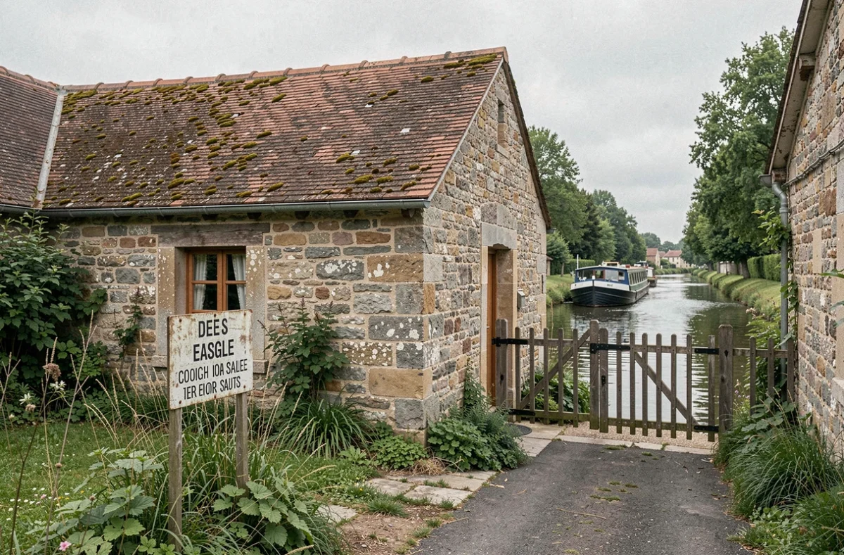 Petite maison en pierre à vendre au bord du canal en village rural avec panneau immobilier dans le jardin