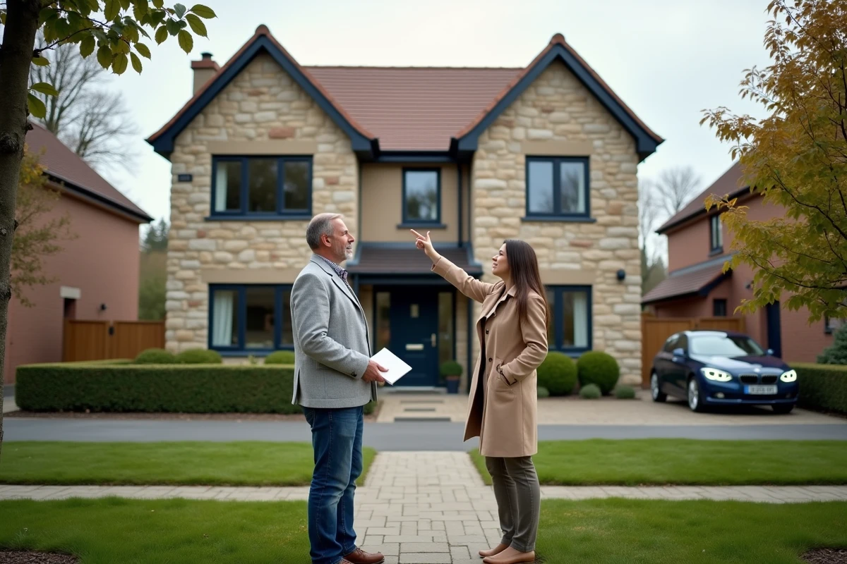 Couple devant une maison familiale envisageant la gestion du bien immobilier via une SCI familiale
