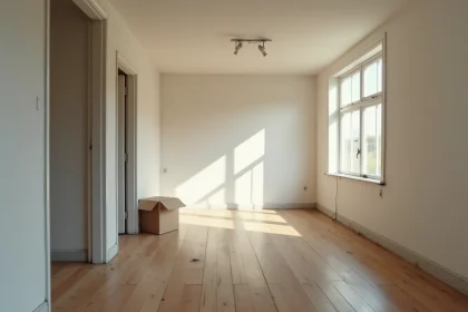 Pièce de vie entièrement vide avec parquet en bois et murs blancs, illustrant une maison inoccupée