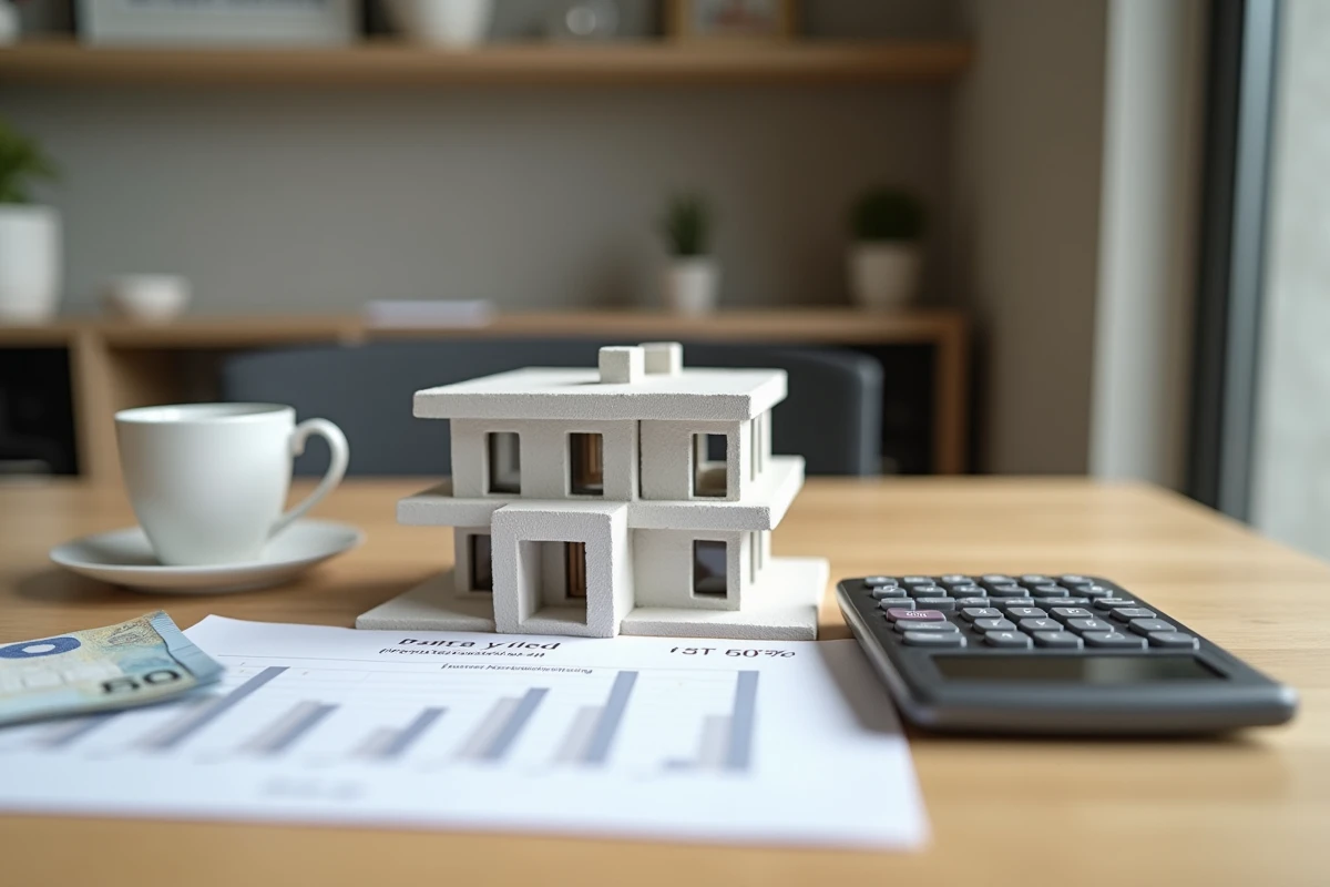 Maquette immobilière avec calculatrice et billets euros illustrant le rendement locatif