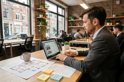 Chasseur immobilier professionnel consultant des annonces de biens sur un ordinateur portable dans un espace de co-working moderne à Lille, entouré de plans et de documents
