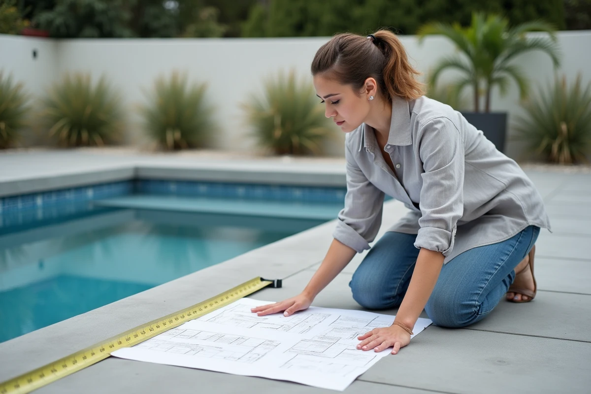 Femme mesurant la largeur d'une dalle en béton autour d'une piscine avec un mètre ruban et un plan de construction