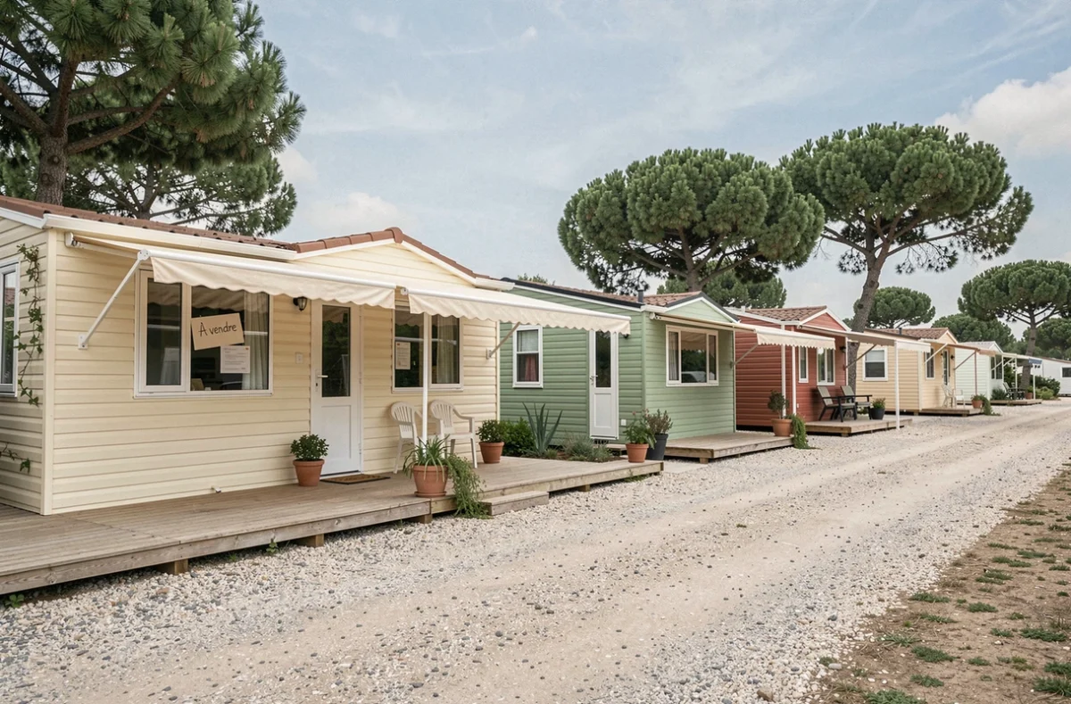 Rangée de mobil homes à vendre dans un camping avec affiche de mise en vente visible