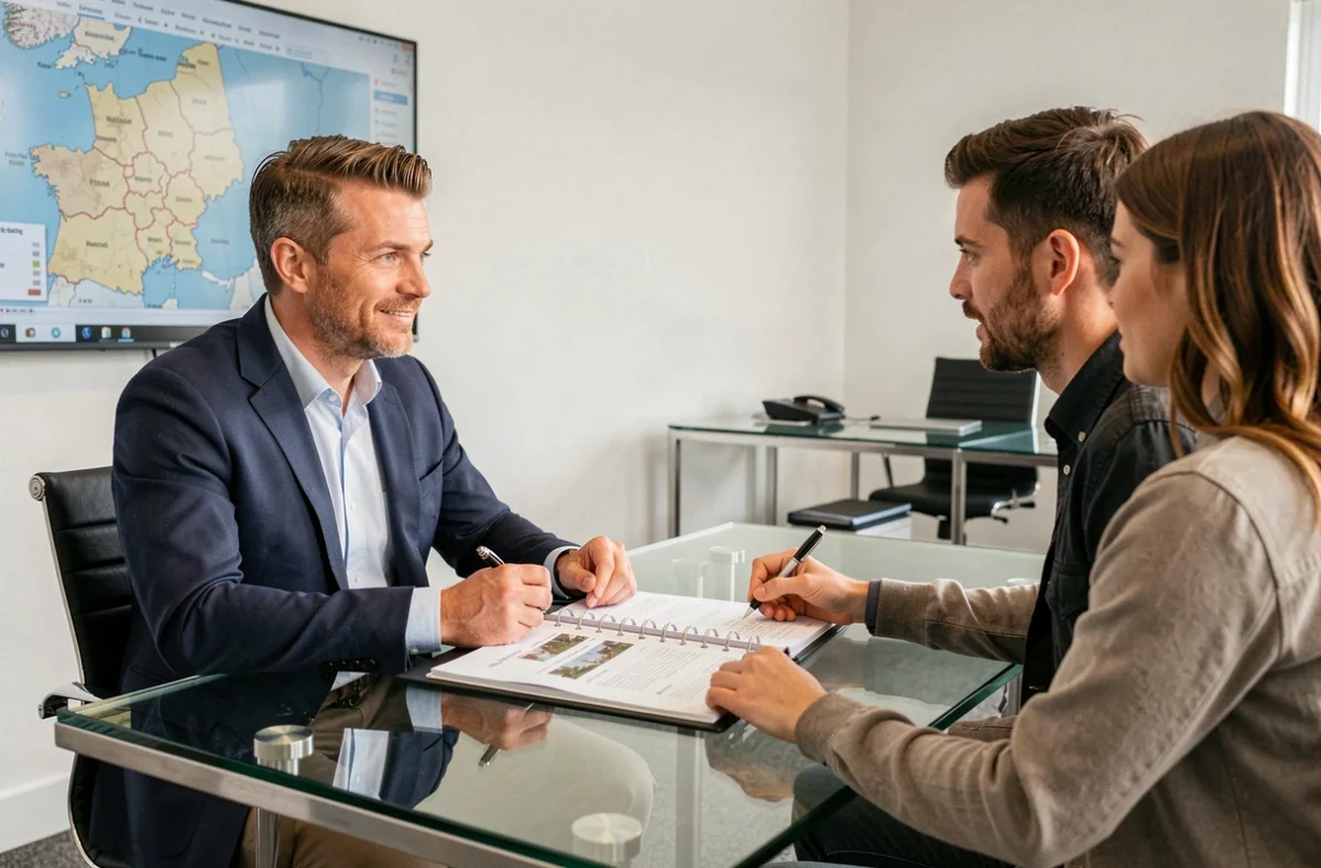 Agent de Mon Chasseur Immo conseillant un couple lors d'une consultation immobilière dans un bureau moderne du Nord