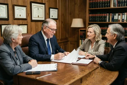 Notaire expliquant les frais de notaire à un couple lors de la signature d'un acte de vente en viager