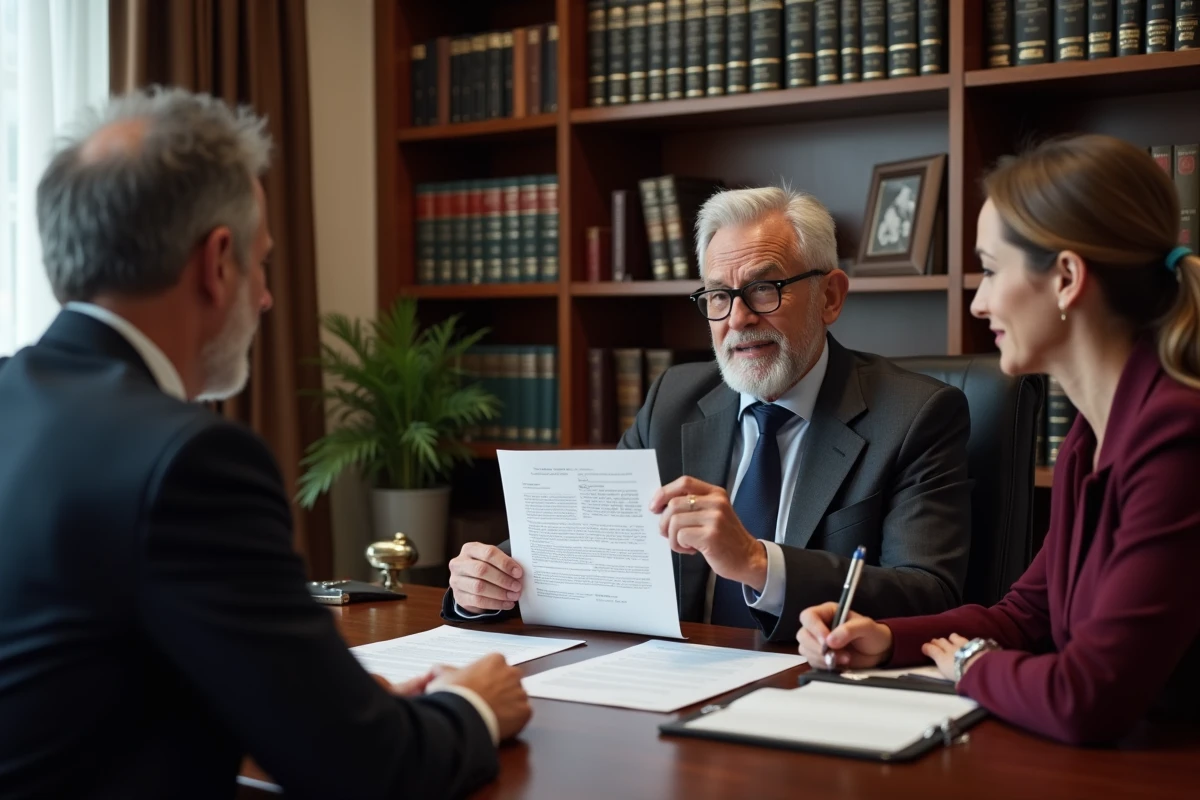 Notaire expliquant les statuts d'une SCI familiale à un couple lors d'une consultation juridique