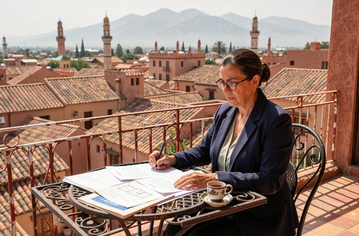 Notaire marocaine révisant les actes de propriété d'un riad en médina sur une terrasse avec vue sur les toits de Marrakech et les montagnes de l'Atlas