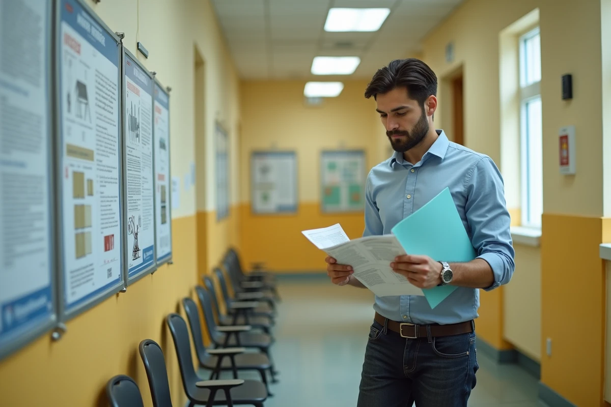 Jeune homme consultant des informations sur la caution locative dans un couloir de service public du logement