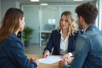 Conseillère bancaire aidant un jeune couple à comprendre les documents de caution locative dans une agence moderne