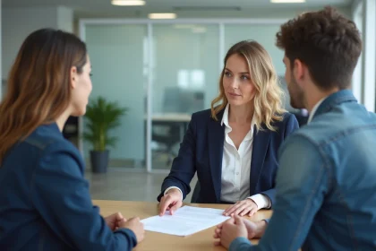 Conseillère bancaire aidant un jeune couple à comprendre les documents de caution locative dans une agence moderne