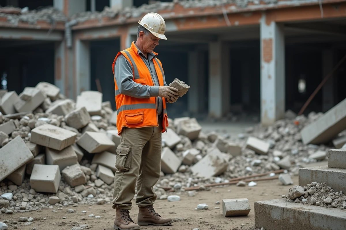 Ouvrier du bâtiment examinant des débris de béton sur un chantier de démolition urbaine, symbolisant les déchets de construction polluants