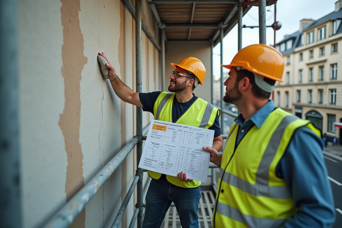 Ouvriers sur échafaudage consultant le planning de paiement échelonné d'un chantier de ravalement de façade
