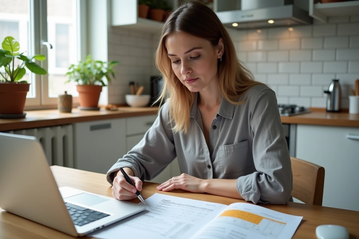 Propriétaire consultant un devis de ravalement de façade et effectuant un paiement en ligne depuis son domicile