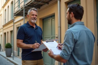 Entrepreneur et propriétaire signant un devis pour le paiement d'un ravalement de façade devant un immeuble en rénovation