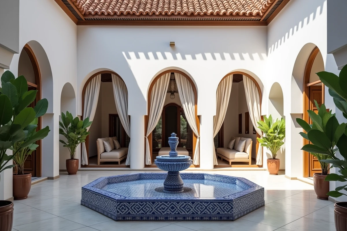Patio intérieur d'une villa de luxe à Marrakech avec fontaine en zellige et arches traditionnelles dans une résidence fermée