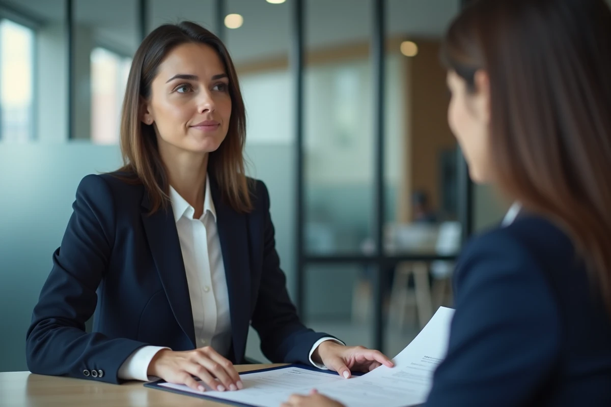 Femme discutant de pénalités de remboursement anticipé avec un conseiller bancaire