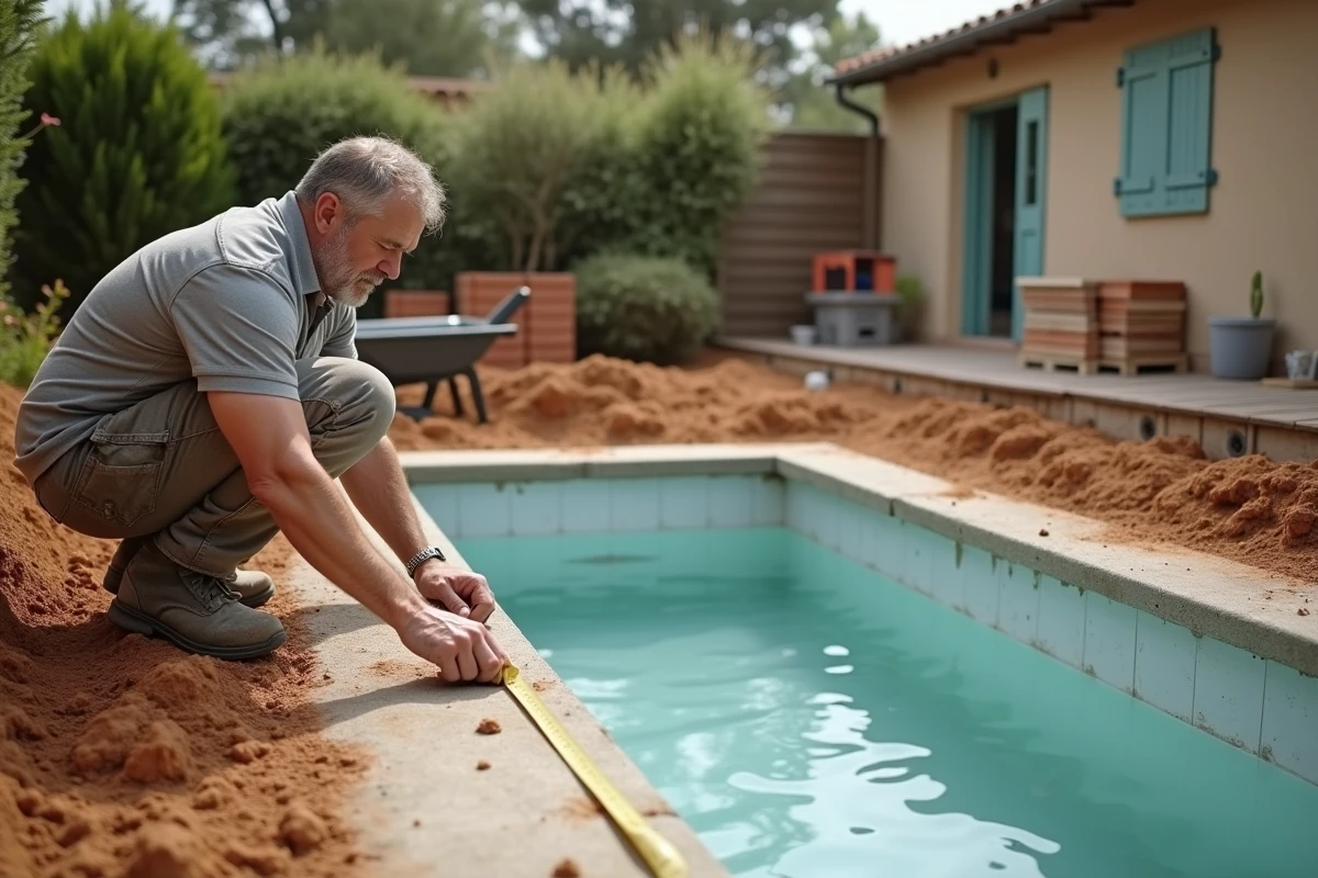 Artisan mesurant les dimensions d'une petite piscine enterrée en construction pour respecter les seuils de permis
