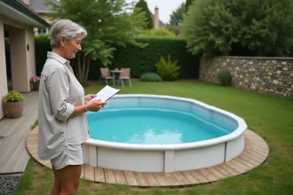 Femme examinant les règles de permis de construire pour une petite piscine hors-sol dans un jardin résidentiel