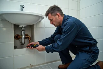 Plombier en uniforme bleu inspectant des canalisations sous un évier avec un détecteur d'humidité dans une salle de bain de copropriété
