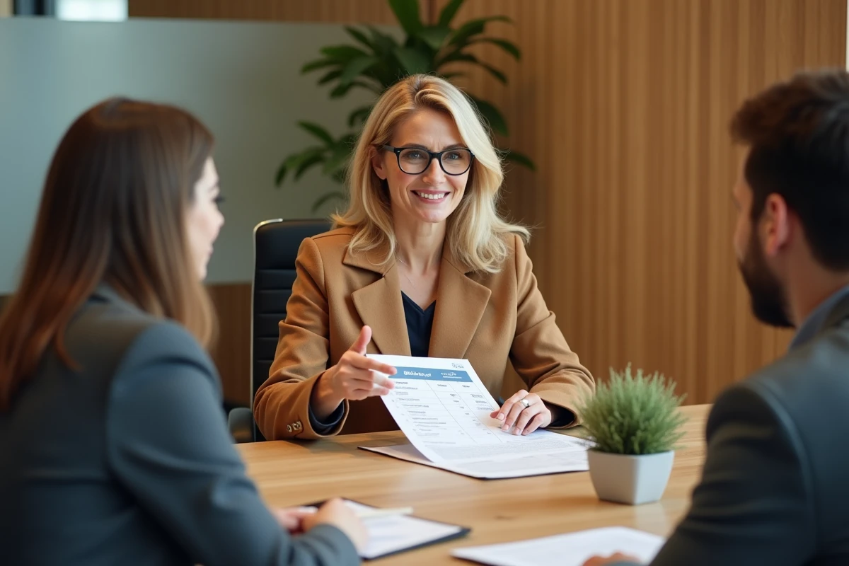 Property manager femme présentant une grille tarifaire de gestion immobilière à des clients en réunion