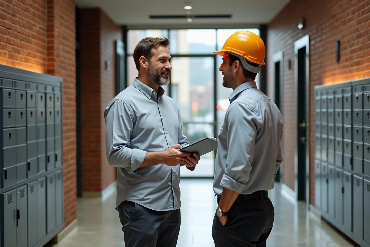 Property manager homme inspectant un immeuble résidentiel avec un entrepreneur lors d'une visite de site