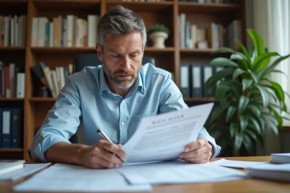 Propriétaire bailleur analysant des documents fiscaux et des reçus de charges déductibles pour sa déclaration de revenus fonciers