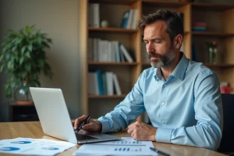 Propriétaire LMNP analysant un tableau d'amortissement sur ordinateur portable avec documents financiers sur un bureau en bois