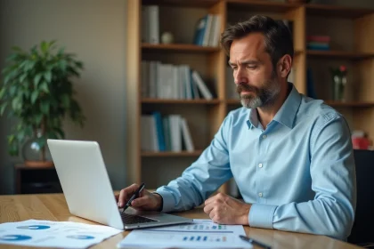 Propriétaire LMNP analysant un tableau d'amortissement sur ordinateur portable avec documents financiers sur un bureau en bois