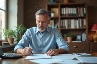Propriétaire LMNP examinant les charges locatives et documents de bail à son bureau