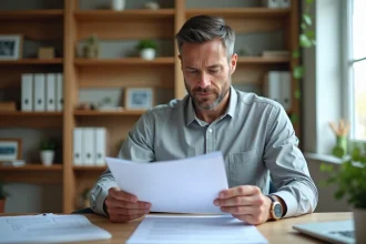 Propriétaire non occupant consultant des documents d'assurance pour son bien immobilier locatif