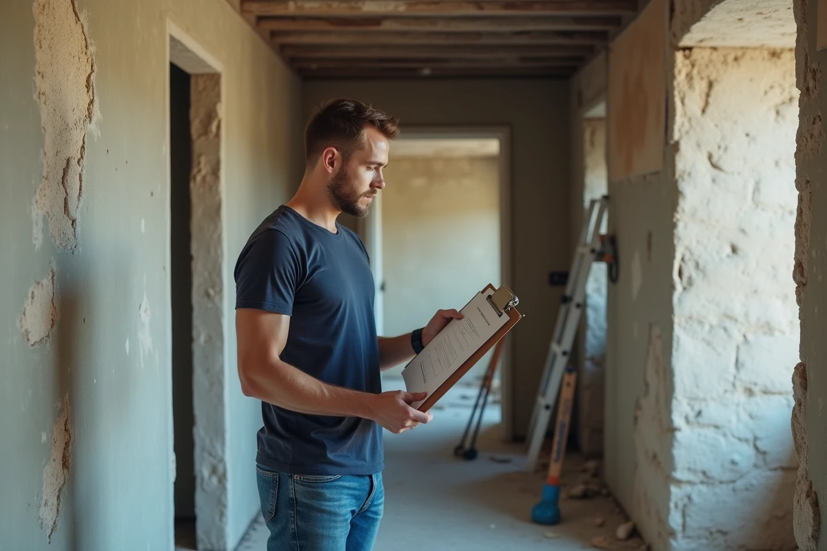 Propriétaire évaluant les travaux de rénovation éligibles aux aides ANAH dans un appartement en chantier