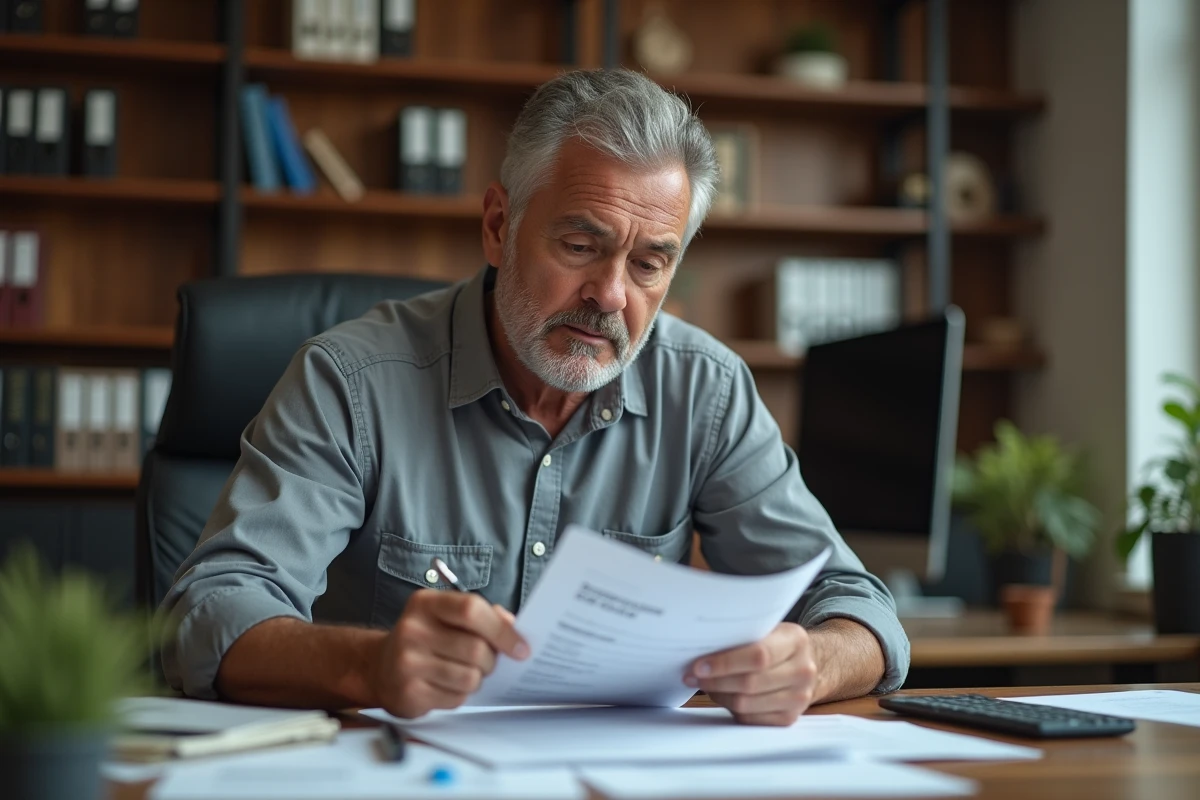 Propriétaire bailleur vérifiant les documents financiers d'un dossier locataire pour une assurance loyers impayés