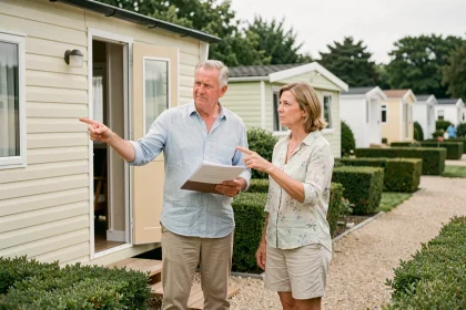 Couple discutant du rachat de leur mobil home dans un camping français en 2026