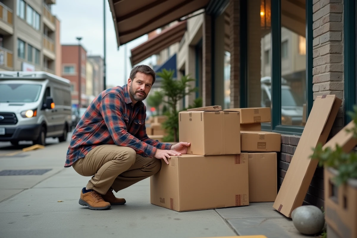 Homme récupérant des cartons gratuits devant une épicerie en ville