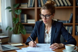 Femme professionnelle examinant des documents de remboursement de frais d'expertise dans un bureau à domicile