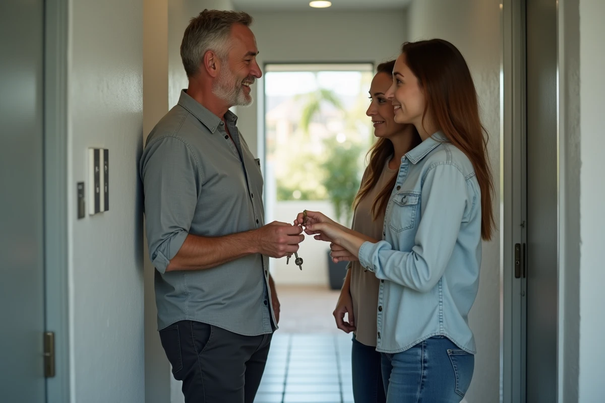 Propriétaire remettant les clés d'un appartement à un jeune couple lors de l'état des lieux