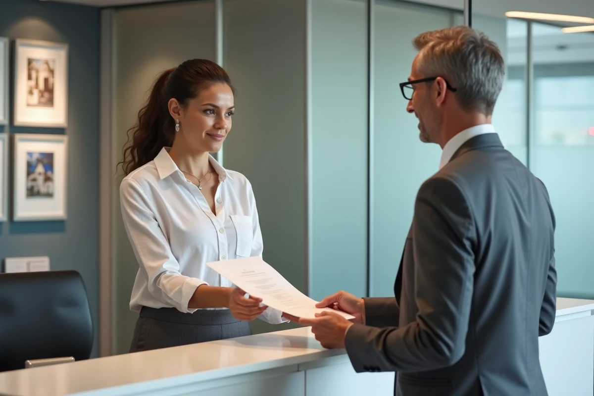 Une femme remet un document signé à un agent immobilier pour officialiser sa sortie d'un bail locatif à deux noms