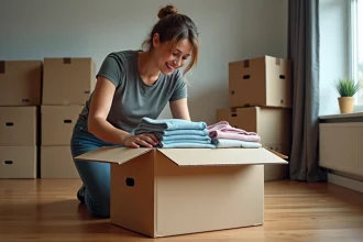 Femme remplissant soigneusement un carton de déménagement aux trois quarts dans un salon en cours de déménagement