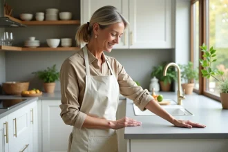 Femme satisfaite dans une cuisine rénovée moderne avec façades blanches et plan de travail en quartz gris