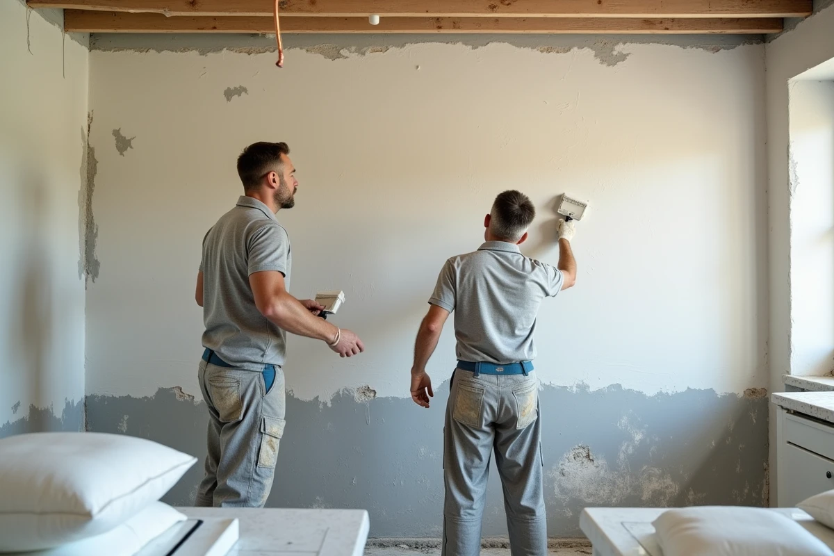 Deux ouvriers appliquant de l'enduit sur un mur en cours de rénovation après un dégât des eaux dans une cuisine