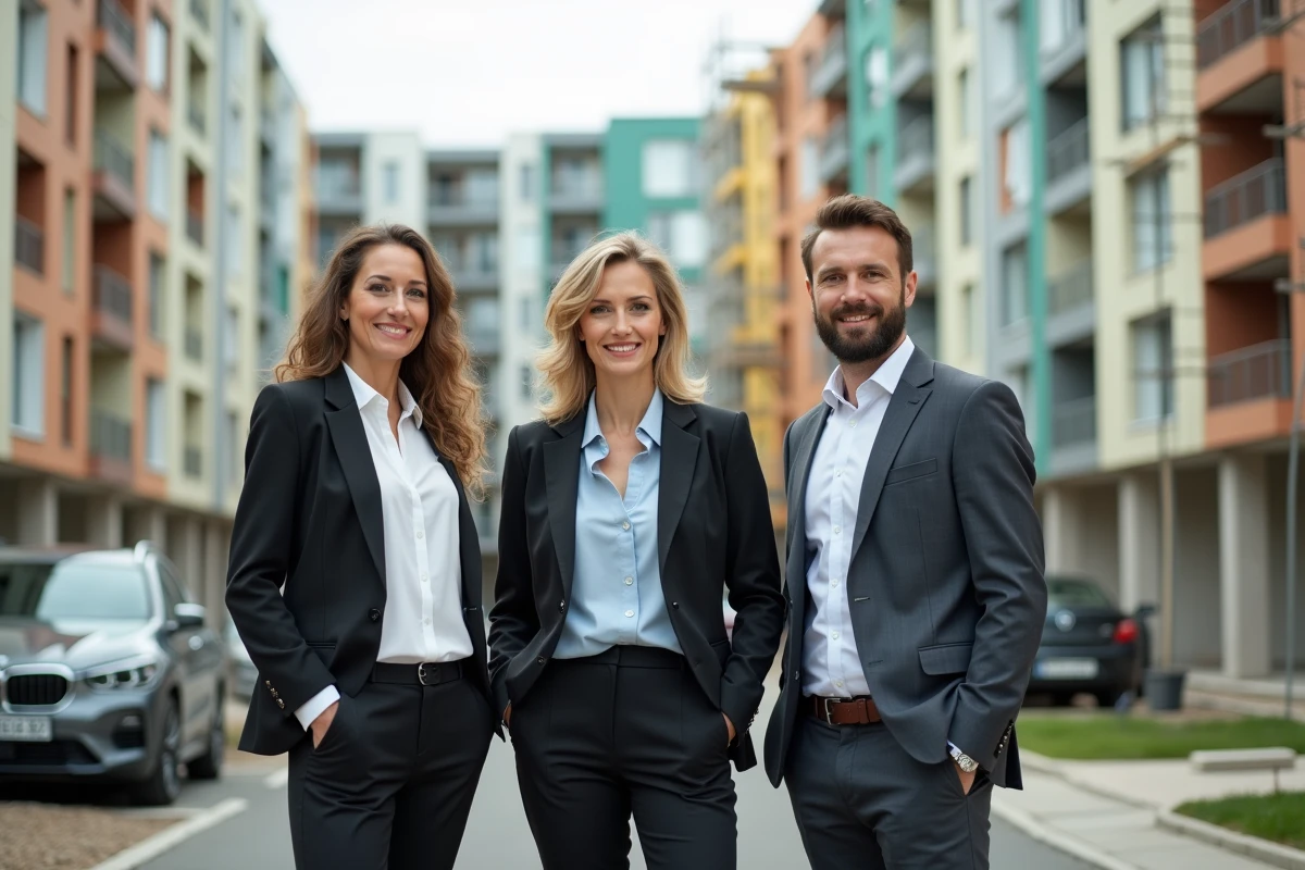 Équipe de professionnels devant un immeuble HLM rénové grâce au financement du programme ANRU en banlieue française