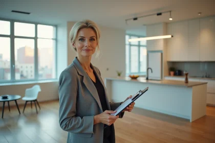 Femme agent immobilier tenant un clipboard dans un appartement moderne rentable en location