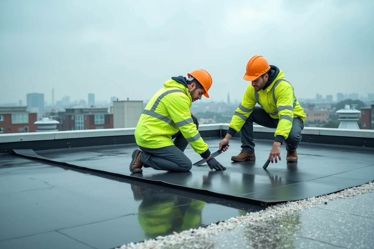 Deux techniciens en couverture réparant une membrane d'étanchéité sur un toit terrasse urbain
