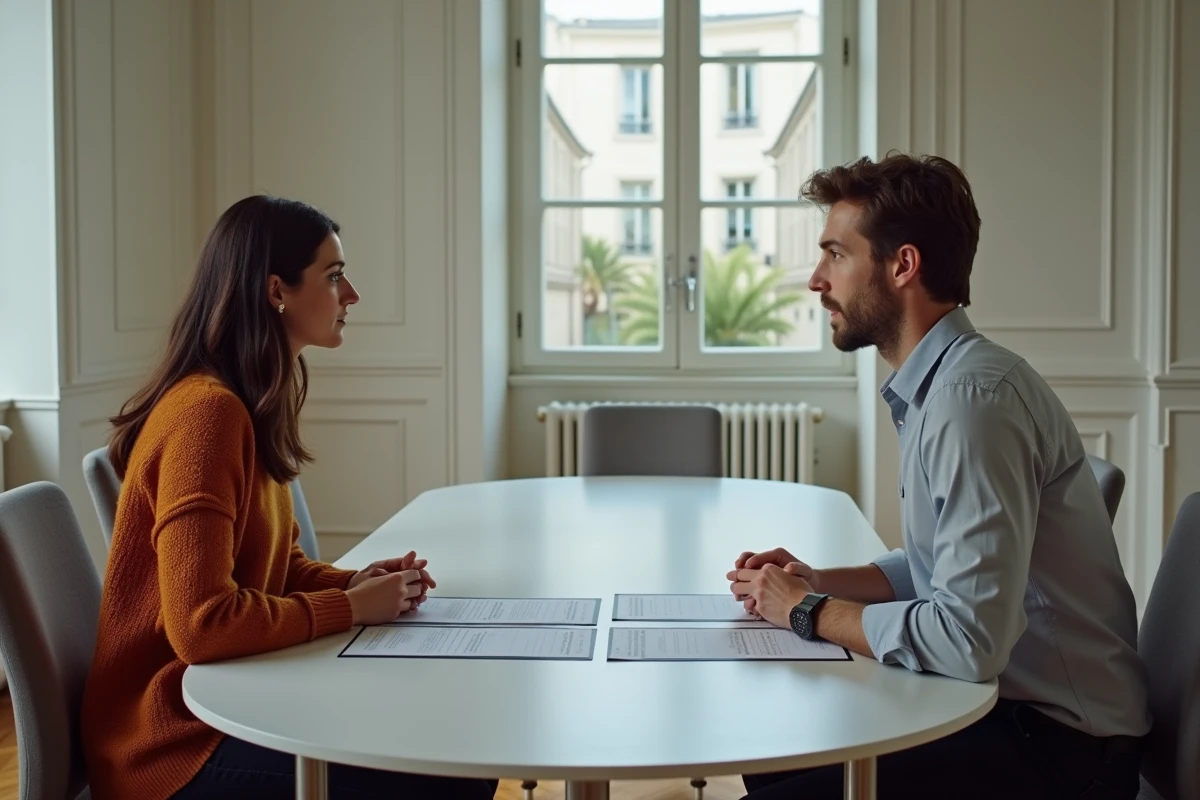 Deux professionnels de l'immobilier tertiaire discutant de la révision de loyer ILAT autour d'une table de réunion