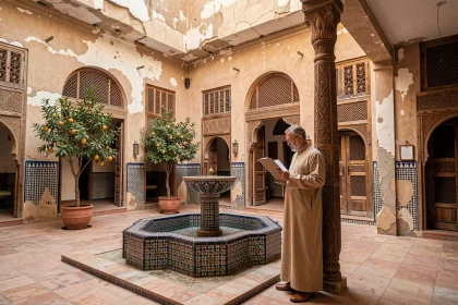 Homme examinant des documents dans la cour intérieure d'un riad traditionnel à vendre dans la médina de Marrakech, avec fontaine en zellige et murs en stuc sculpté nécessitant des travaux de rénovation