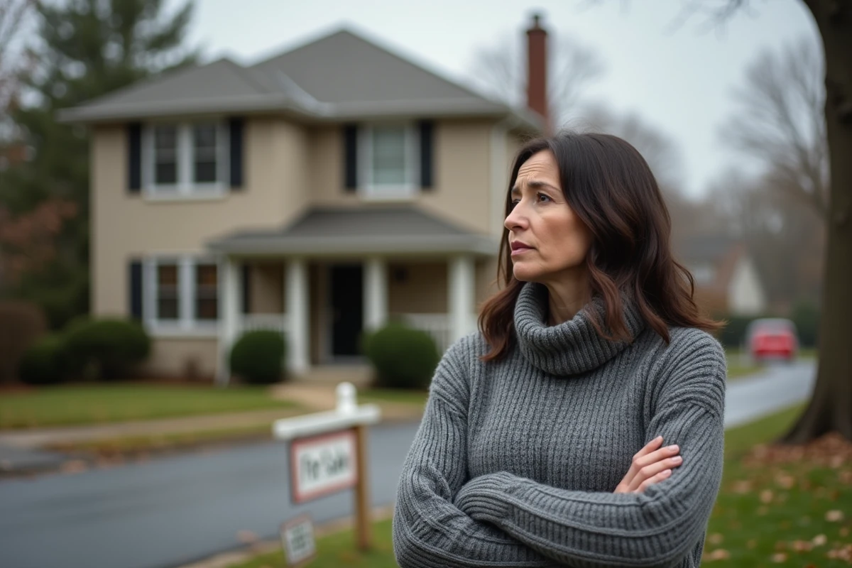 Femme devant une maison saisie à vendre suite aux difficultés liées à une hypothèque