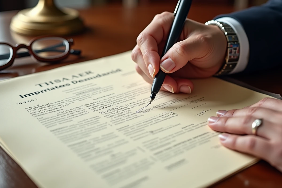 Signature d'un acte hypothécaire chez le notaire avec document officiel et stylo sur table en bois